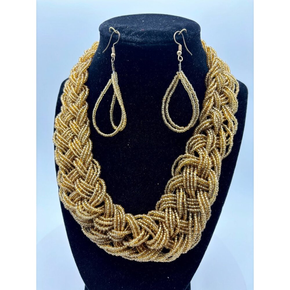 Braided Multi-Strand Gold Glass Seed Bead Hand Crafted Necklace-Earrings Set
